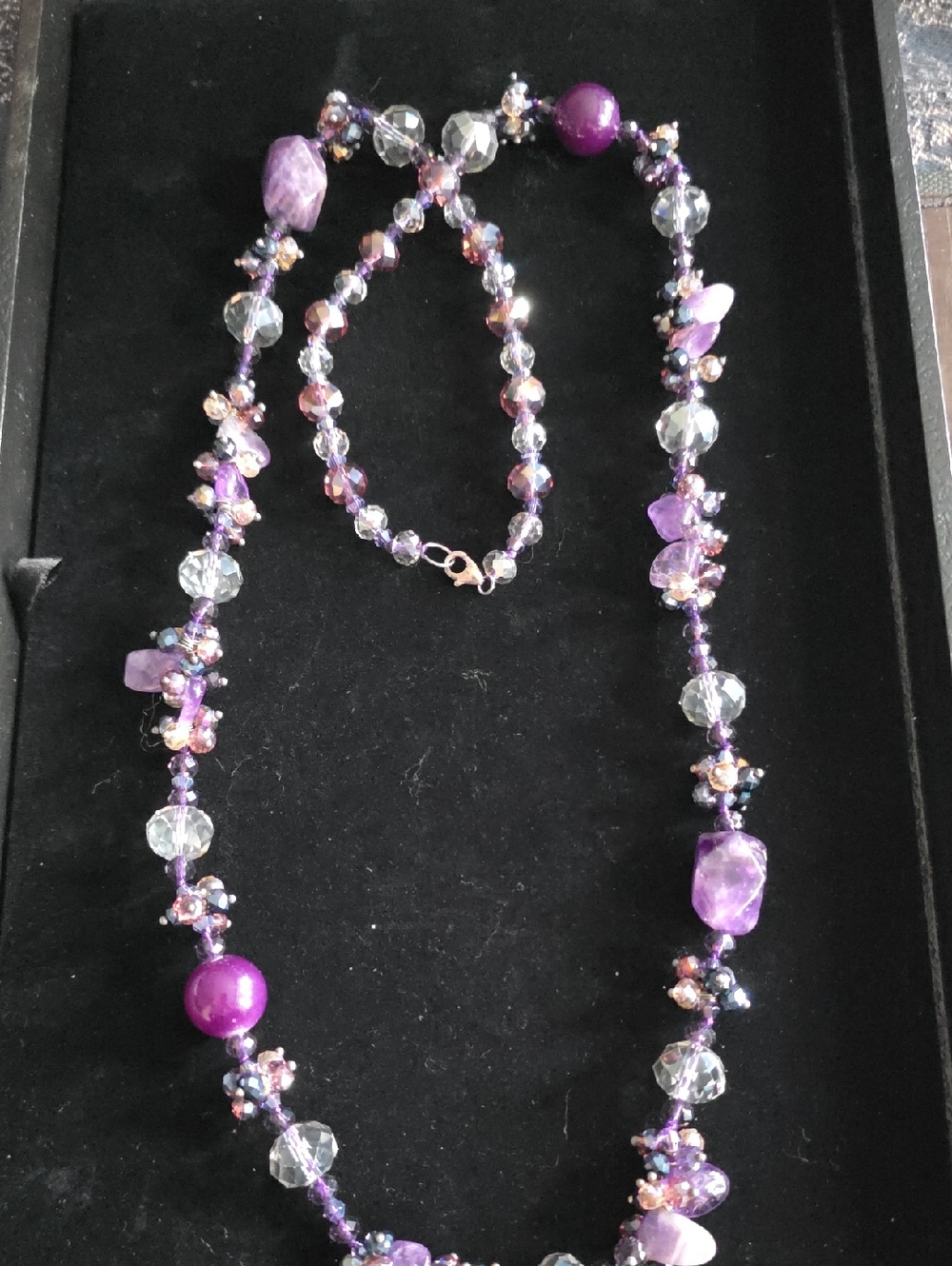 Amethyst-Accent Purple Beaded Necklace with Crystal Highlights